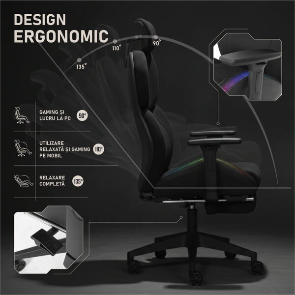 LUMINA X-Motion Pro – Scaun Gaming & Office Premium cu LED RGB și Suport pentru Picioare – Confort Inteligent și Design Spectaculos, Textil, Negru