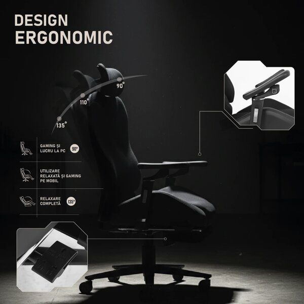 LUMINA X-Motion Plus – Ergonomie Avansată, Cotiere 5D, Textil, Negru
