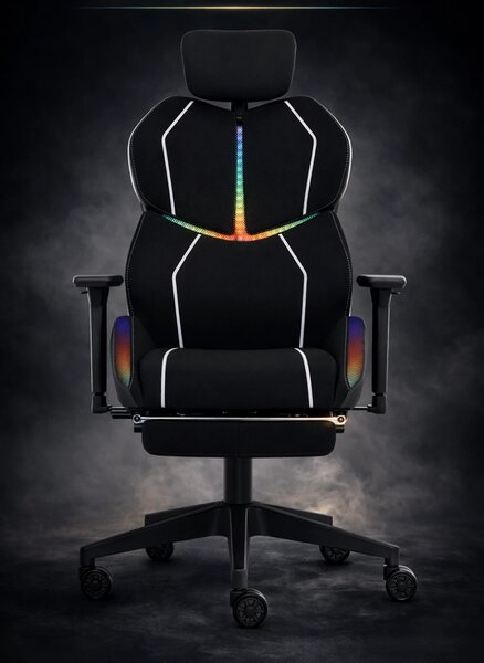LUMINA X-Motion Pro – Scaun Gaming & Office Premium cu LED RGB și Suport pentru Picioare – Confort Inteligent și Design Spectaculos, Textil, Negru/Alb