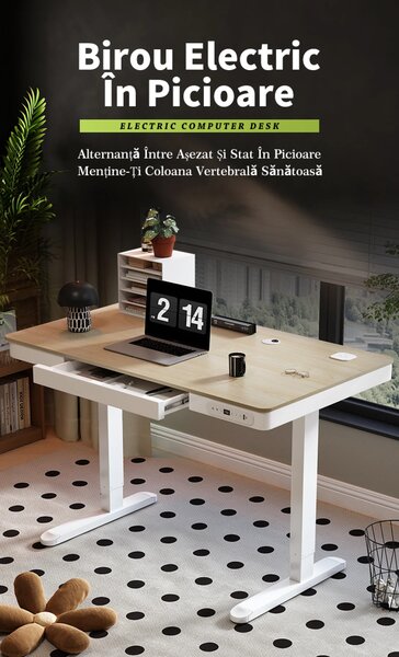 Birou Electric Reglabil pe Înălțime cu Sertar Ascuns, Încărcare Wireless & USB, Senzor de siguranță, 140x60, Sticla Negru