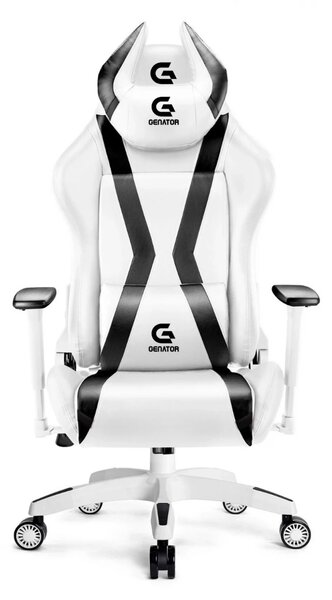 RESIGILAT- Scaun gaming, ergonomic, masaj pernă lombară, brațe reglabile 2D, piele PU, roți silențioase, rezistent 150 KG, Alb/Negru