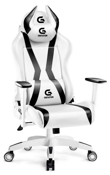 RESIGILAT- Scaun gaming, ergonomic, masaj pernă lombară, brațe reglabile 2D, piele PU, roți silențioase, rezistent 150 KG, Alb/Negru
