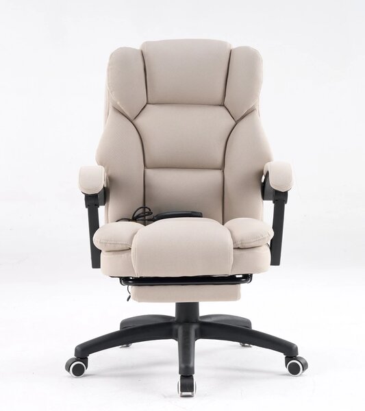 Scaun directorial, Masaj si Incalzire in 7 puncte, spatar rabatabil, suport pentru picioare, material textil premium, Bej