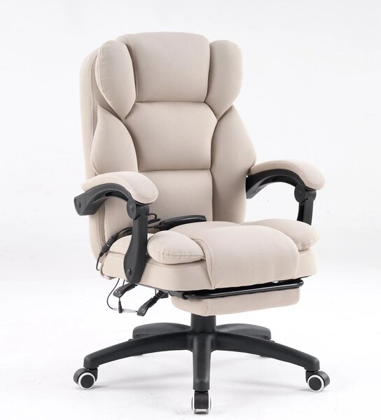 Scaun directorial, Masaj si Incalzire in 7 puncte, spatar rabatabil, suport pentru picioare, material textil premium, Bej