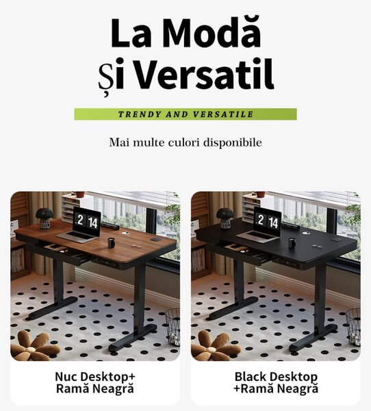 Birou Electric Reglabil pe Înălțime cu Sertar Ascuns, Încărcare Wireless & USB, Senzor de siguranță, 120x60, Nuc/Negru