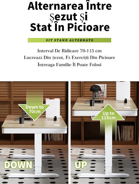 Birou Electric Reglabil pe Înălțime cu Sertar Ascuns, Încărcare Wireless & USB, Senzor de siguranță, 120x60, Negru
