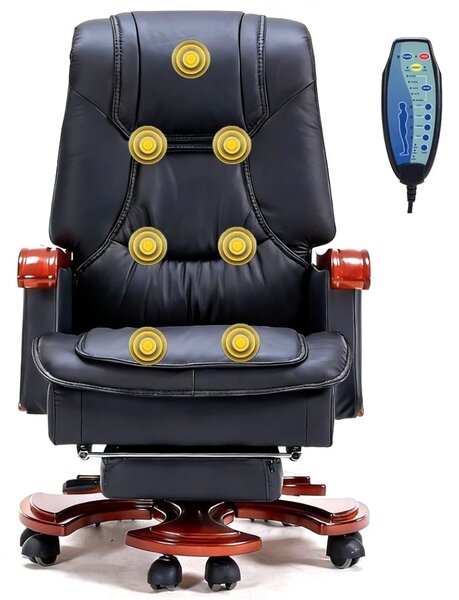 Regal Prestige– Scaun directorial din Piele Naturală si Lemn Masiv, Masaj in 7 puncte, Funcție Încălzire, Înclinare 135°, Suport Picioare Extensibil, Sezut cu Arcuri, Telecomandă, Negru