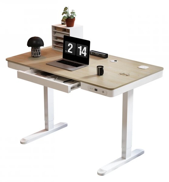 Birou Electric Reglabil pe Înălțime cu Sertar Ascuns, Încărcare Wireless & USB, Senzor de siguranță, 120x60, Stejar deschis/Alb