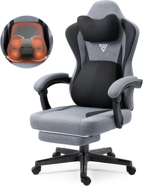 ErgoRelax Pro JD– Scaun Gaming Ergonomic, Masaj Lombar si Incalzire, Spătar Rabatabil 155°, Suport picioare, Material textil, Gri/Negru