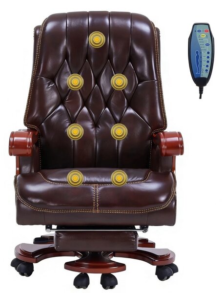 Regal Relax – Scaun directorial din Piele Naturală si Lemn Masiv, Masaj in 7 puncte, Funcție Încălzire, Înclinare 160°, Suport Picioare Extensibil, Sezut cu Arcuri, Telecomandă, Maro Inchis