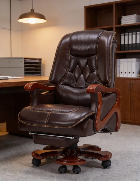 Regal Confort – Scaun directorial din Piele Naturală si Lemn Masiv, Masaj in 7 puncte, Funcție Încălzire, Înclinare 135°, Suport Picioare Extensibil, Sezut cu Arcuri, Telecomandă, Maro