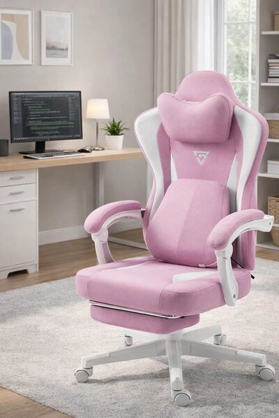 ErgoRelax Pro JD– Scaun Gaming Ergonomic, Masaj Lombar si Incalzire, Spătar Rabatabil 155°, Suport picioare, Material textil, Roz/Alb