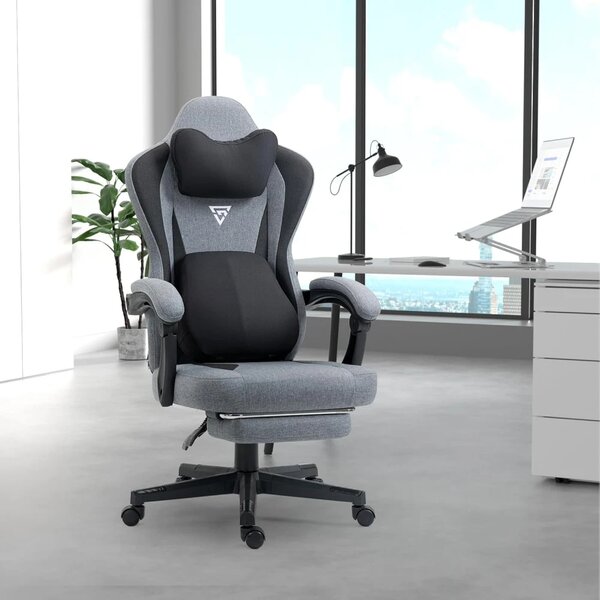 ErgoRelax Pro JD– Scaun Gaming Ergonomic, Masaj Lombar si Incalzire, Spătar Rabatabil 155°, Suport picioare, Material textil, Gri/Negru