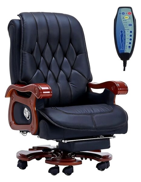 Regal Relax – Scaun directorial din Piele Naturală si Lemn Masiv, Masaj in 7 puncte, Funcție Încălzire, Înclinare 160°, Suport Picioare Extensibil, Sezut cu Arcuri, Telecomandă, Negru
