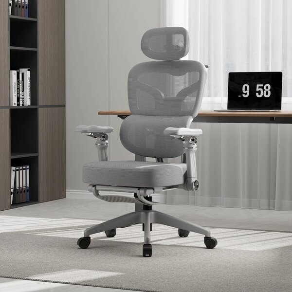 Scaun ergonomic, Sezut Translatie, cotiere 9D, tetiera 6D, suport lombar reglabil, spătar reglabil inaltime, pivotant, suport picioare, sezut buretat,Gri