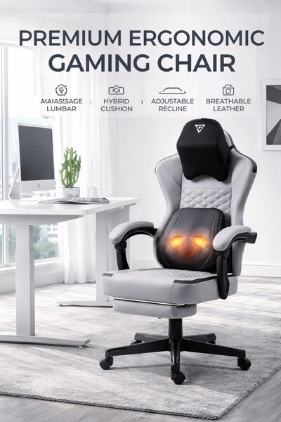 ErgoRelax Pro JD– Scaun Gaming Ergonomic, Masaj Lombar si Incalzire, Spătar Rabatabil 155°, Suport picioare, PU, Gri