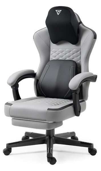 ErgoRelax Pro JD– Scaun Gaming Ergonomic, Masaj Lombar si Incalzire, Spătar Rabatabil 155°, Suport picioare, PU, Gri