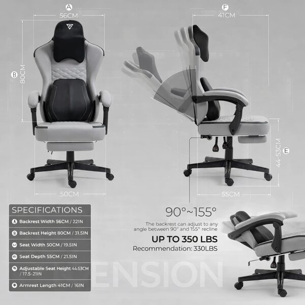 ErgoRelax Pro JD– Scaun Gaming Ergonomic, Masaj Lombar si Incalzire, Spătar Rabatabil 155°, Suport picioare, PU, Gri
