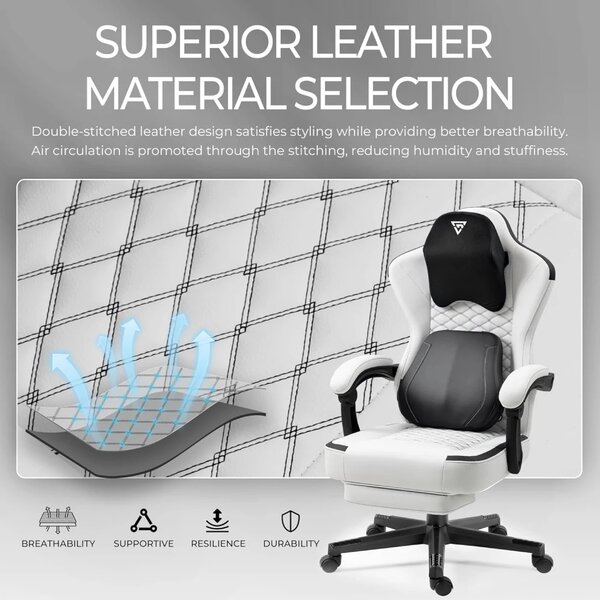 ErgoRelax Pro JD– Scaun Gaming Ergonomic, Masaj Lombar si Incalzire, Spătar Rabatabil 155°, Suport picioare, PU, Alb