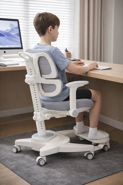 GROWFIT ERGO CARE JUNIOR PRO 360 – Scaun ergonomic reglabil pentru copii și adolescenți, cu spătar dublu adaptiv, suport lombar automat, cotiere 4D, roți cu blocare automată, ajustare completă 360°, Gri