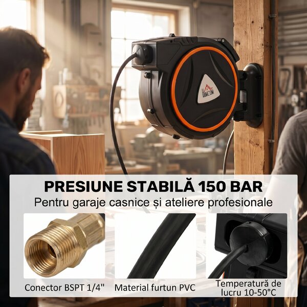 HOMCOM Tambur Automat Retractabil pentru Furtun 20 m, Montare pe Perete, Pivotant 180°, Negru și Portocaliu | Aosom Romania