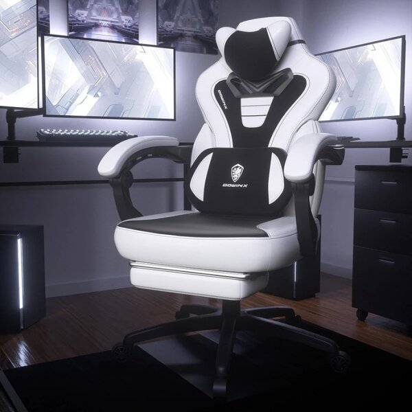 RESIGILAT- DOWINX Scaun gaming, ergonomic, suport lombar cu masaj, Șezut cu Arcuri Metalice și Spumă, Spătar înalt, rabatabil 90°-145°, Buzunar depozitare, Suport picioare, rezistent 150 kg, material PU respirabil, Alb/Negru
