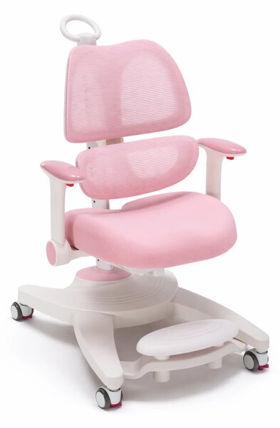 GROWFIT ERGO CARE JUNIOR PRO 360 – Scaun ergonomic reglabil pentru copii și adolescenți, cu spătar dublu adaptiv, suport lombar automat, cotiere 4D, roți cu blocare automată, ajustare completă 360°, Roz