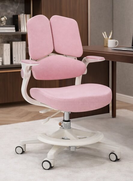 ErgoMotion Junior – Scaun Ergonomic pentru copii, Reglaje Multiple, Ajustare Personalizată, Adaptabil pe măsura creșterii, Suport Lombar 3 Zone, Roți Blocabile, Roz
