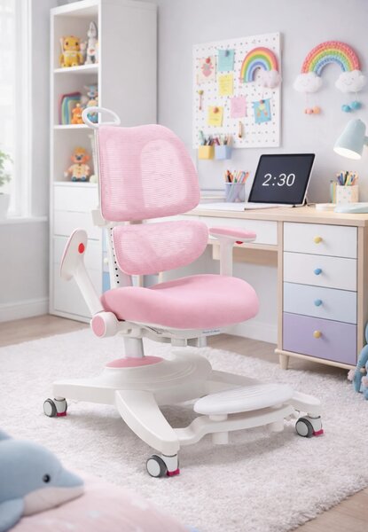 GROWFIT ERGO CARE JUNIOR PRO 360 – Scaun ergonomic reglabil pentru copii și adolescenți, cu spătar dublu adaptiv, suport lombar automat, cotiere 4D, roți cu blocare automată, ajustare completă 360°, Roz