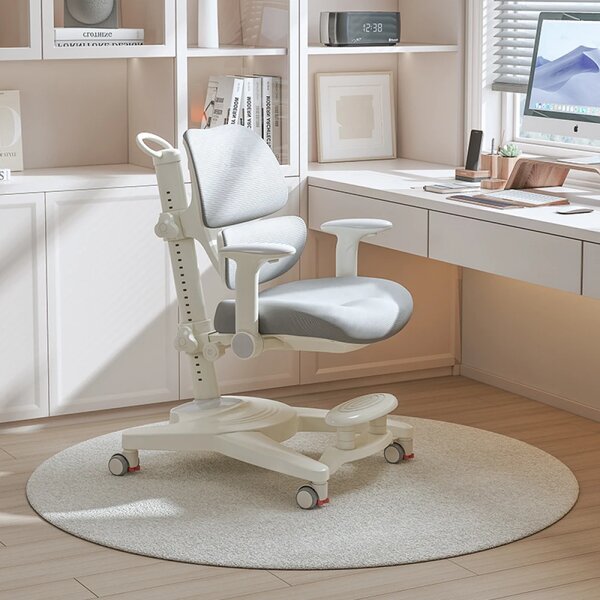 GROWFIT ERGO CARE JUNIOR PRO 360 – Scaun ergonomic reglabil pentru copii și adolescenți, cu spătar dublu adaptiv, suport lombar automat, cotiere 4D, roți cu blocare automată, ajustare completă 360°, Gri