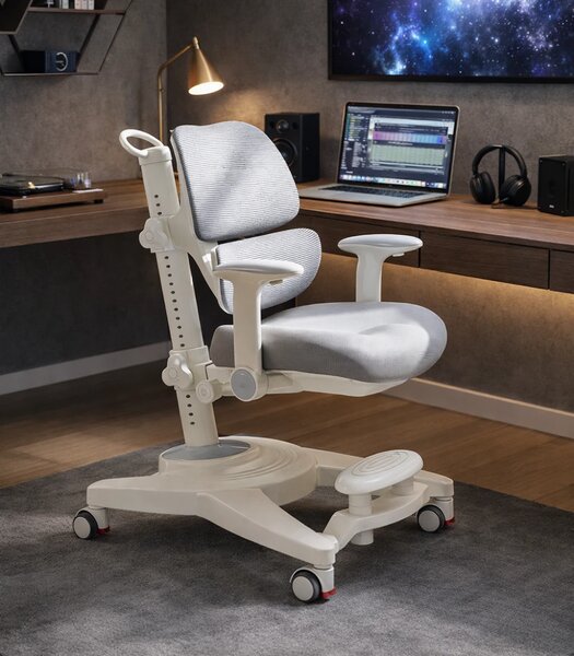 GROWFIT ERGO CARE JUNIOR PRO 360 – Scaun ergonomic reglabil pentru copii și adolescenți, cu spătar dublu adaptiv, suport lombar automat, cotiere 4D, roți cu blocare automată, ajustare completă 360°, Gri