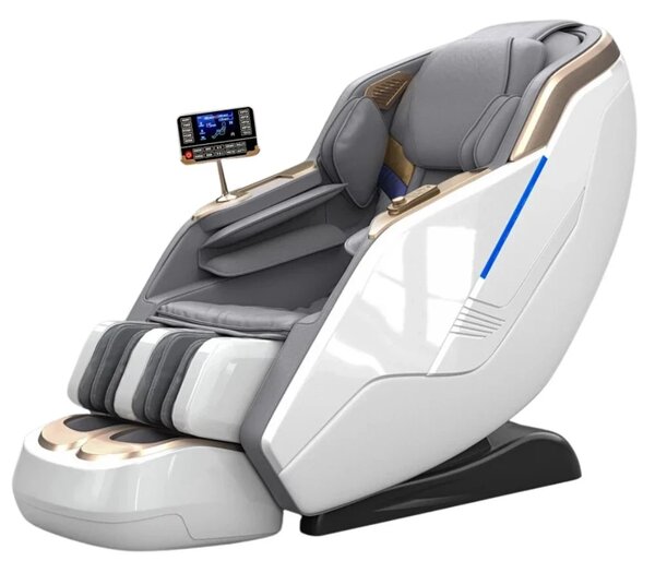 RESIGILAT- Fotoliu de masaj HONORIUS, Incalzire, Bluetooth, Display, Ecran tactil, Controler rapid cotiera, Zero Gravity, 2 Boxe, Moduri Automate, Suport Picioare extensibil, Piele Ecologica Premium, Alb/Gri