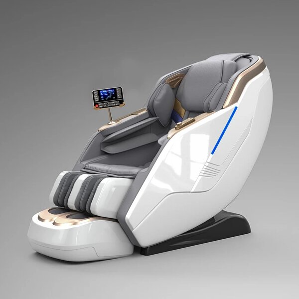 RESIGILAT- Fotoliu de masaj HONORIUS, Incalzire, Bluetooth, Display, Ecran tactil, Controler rapid cotiera, Zero Gravity, 2 Boxe, Moduri Automate, Suport Picioare extensibil, Piele Ecologica Premium, Alb/Gri