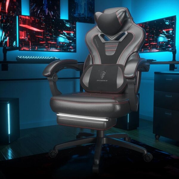 RESIGILAT- DOWINX Scaun gaming, ergonomic, suport lombar cu masaj, Șezut cu Arcuri Metalice și Spumă, Spătar înalt, rabatabil 90°-145°, Buzunar depozitare, Suport picioare, rezistent 150 kg, material PU respirabil, Negru/Gri