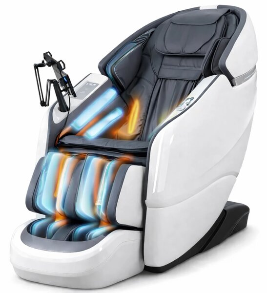 Fotoliu de masaj ZEENA INFINITY PRO, AI voce, Incalzire, Bluetooth, Zero Gravity SL-Track Shiatsu, Joystick și suport pentru telefon, Controler rapid cotiera, 2 Boxe, Moduri Automate, Suport Picioare extensibil, Piele PU Premium, Alb/Gri
