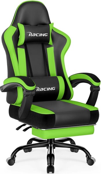 Scaun gaming, Masaj în perna lombară, Suport picioare, Rabatabil 90-165°, piele PU, Negru/Verde