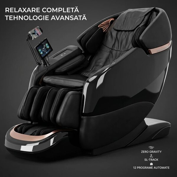 Fotoliu de masaj ZEENA INFINITY PRO, AI voce, Incalzire, Bluetooth, Zero Gravity SL-Track Shiatsu, Joystick și suport pentru telefon, Controler rapid cotiera, 2 Boxe, Moduri Automate, Suport Picioare extensibil, Piele PU Premium, Negru