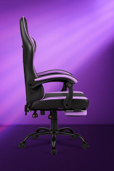 Scaun gaming, Masaj în perna lombară, Suport picioare, Rabatabil 90-165°, piele PU, Negru/Mov