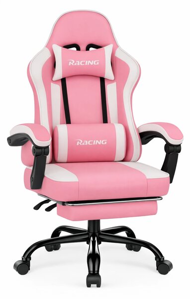 Scaun gaming, Masaj în perna lombară, Suport picioare, Rabatabil 90-165°, piele PU, Roz/Alb