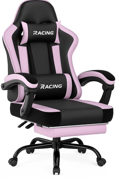 Scaun gaming, Masaj în perna lombară, Suport picioare, Rabatabil 90-165°, piele PU, Negru/Mov