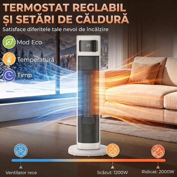 HOMCOM Aerotermă Electrică Ceramică cu Termostat Reglabil, 4 Moduri, Panou Tactil, Telecomandă, Alb | Aosom Romania