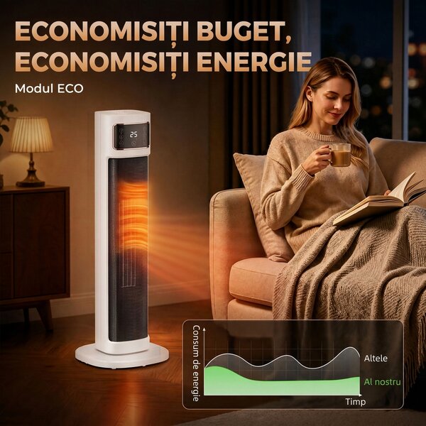 HOMCOM Aerotermă Electrică Ceramică cu Termostat Reglabil, 4 Moduri, Panou Tactil, Telecomandă, Alb | Aosom Romania