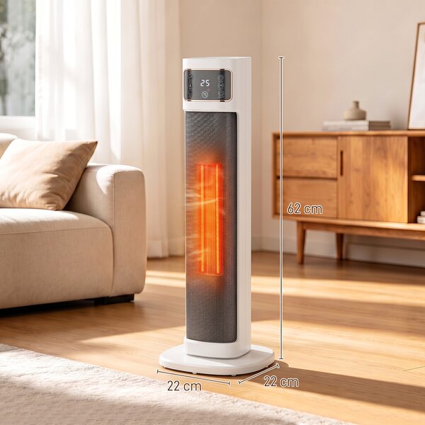 HOMCOM Aerotermă Electrică Ceramică cu Termostat Reglabil, 4 Moduri, Panou Tactil, Telecomandă, Alb | Aosom Romania