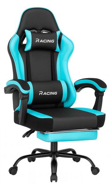 Scaun gaming, Masaj în perna lombară, Suport picioare, Rabatabil 90-165°, piele PU, Negru/Albastru
