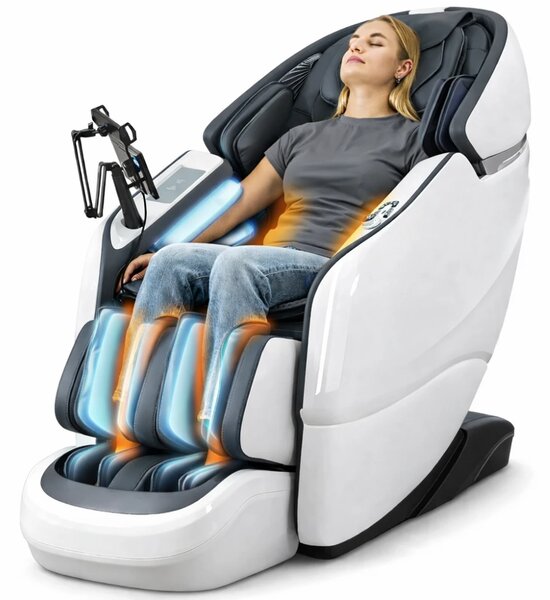 Fotoliu de masaj ZEENA INFINITY PRO, AI voce, Incalzire, Bluetooth, Zero Gravity SL-Track Shiatsu, Joystick și suport pentru telefon, Controler rapid cotiera, 2 Boxe, Moduri Automate, Suport Picioare extensibil, Piele PU Premium, Alb/Gri