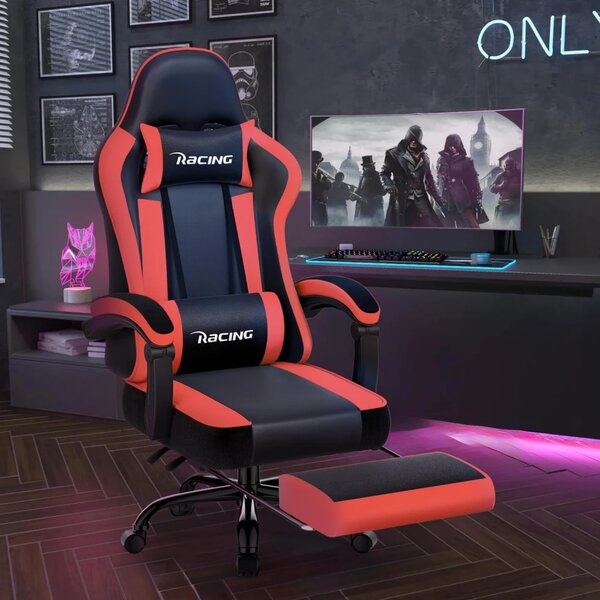 Scaun gaming, Masaj în perna lombară, Suport picioare, Rabatabil 90-165°, piele PU, Negru/Rosu