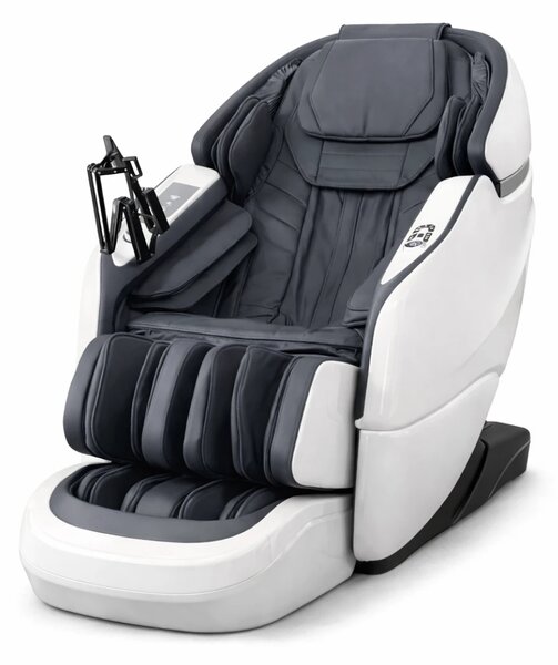 Fotoliu de masaj ZEENA INFINITY PRO, AI voce, Incalzire, Bluetooth, Zero Gravity SL-Track Shiatsu, Joystick și suport pentru telefon, Controler rapid cotiera, 2 Boxe, Moduri Automate, Suport Picioare extensibil, Piele PU Premium, Alb/Gri