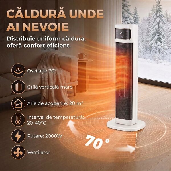 HOMCOM Aerotermă Electrică Ceramică cu Termostat Reglabil, 4 Moduri, Panou Tactil, Telecomandă, Alb | Aosom Romania