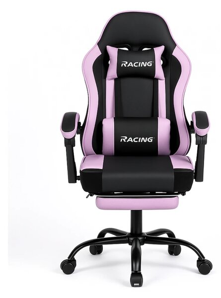 Scaun gaming, Masaj în perna lombară, Suport picioare, Rabatabil 90-165°, piele PU, Negru/Mov