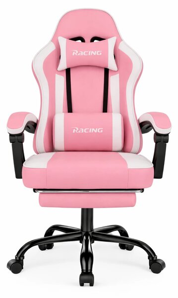 Scaun gaming, Masaj în perna lombară, Suport picioare, Rabatabil 90-165°, piele PU, Roz/Alb